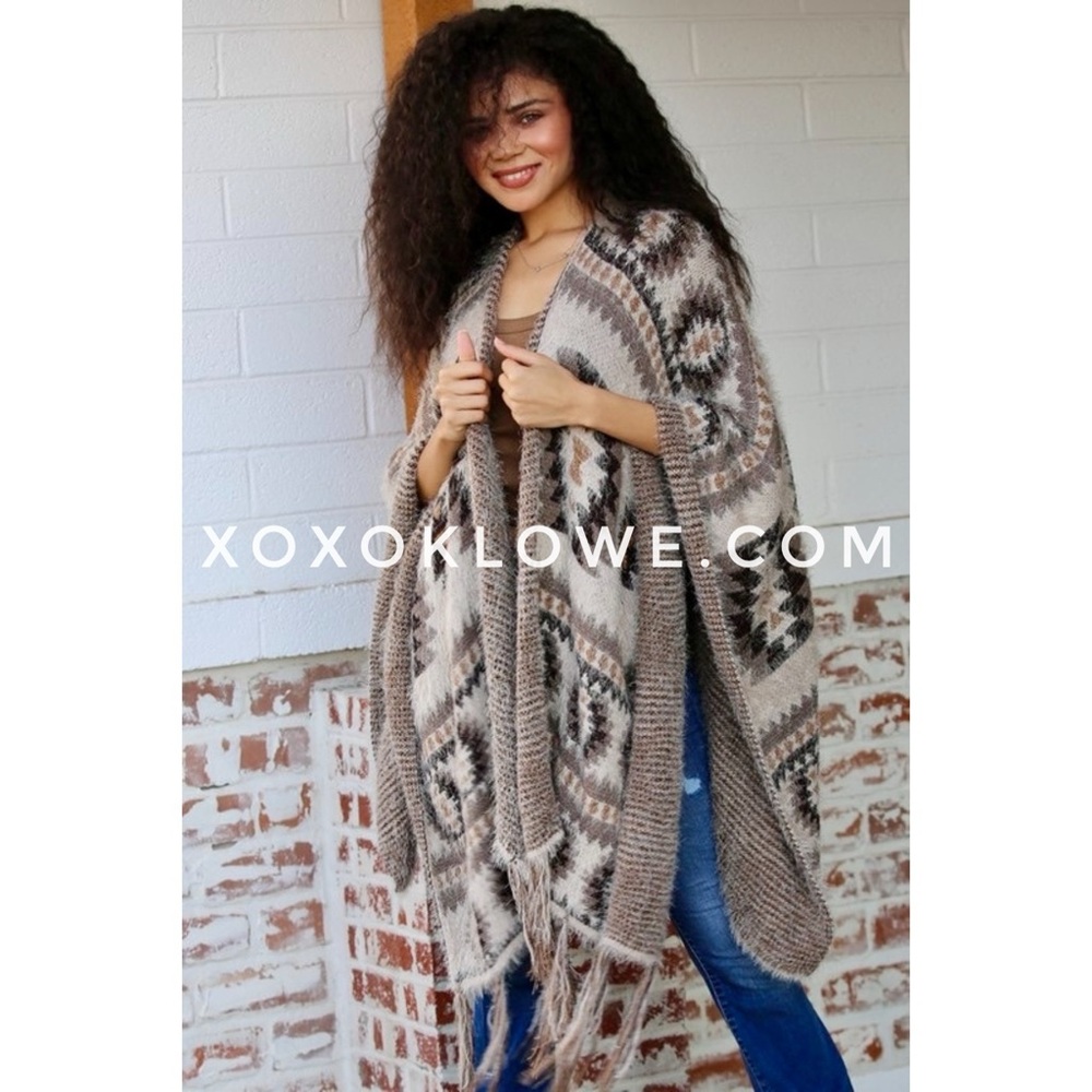 Sedona Southwestern Sweater Wrap with Fringe in Taupe